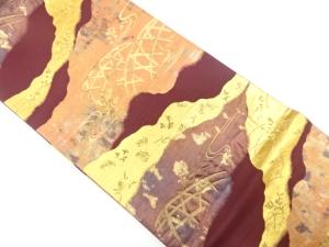 アンティーク　道長取りに流水・蛇籠・草花模様織り出し袋帯（着用可）